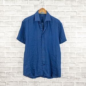 BERTIGO Linen Short Sleeve Button up Shirt indigo blue Size Medium